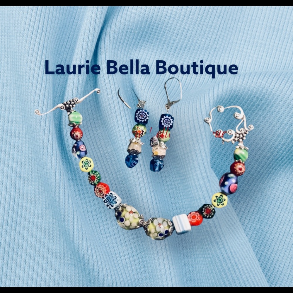 Lampwork & Millefiori Bracelet and Earring Set - Picture 1 of 3